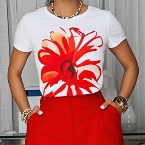 Jersey Casual Floral Printing Crew Neck T-shirt, Tees, color:White-Red|size:XXL, Stylewe