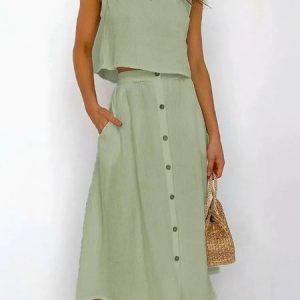 Women Plain Two-Piece Set Daily Sleeveless Casual Summer Top With Skirt Matching Set, Sets, color:Green|size:XXL, catalog Noracora shop