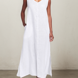 STYLE WE x CHILLINEN |Loose Cotton And Linen Linen V Neck Dress, Midi Dresses, color:White|size:XXL, Stylewe