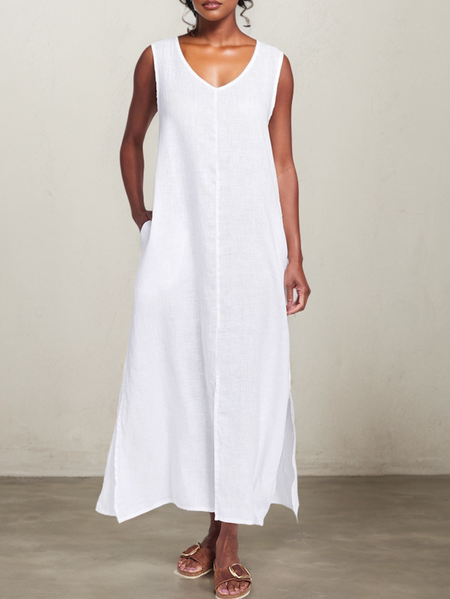 STYLE WE x CHILLINEN |Loose Cotton And Linen Linen V Neck Dress, Midi Dresses, color:White|size:XXL, Stylewe