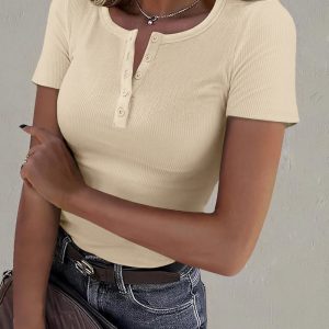 Henley V Neck Short Sleeve Tops Casual Button Up Ribbed Knit T Shirt, women T-shirt & Tees, ChicMe catalog