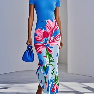 Elegant Floral Printing Notched Maxi Dress, Maxi Dresses, color:Blue|size:XXL, Stylewe