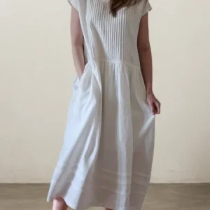 STYLE WE x CHILLINEN |Linen Plain Crew Neck Maxi Dress, Midi Dresses, color:White|size:XXL, Stylewe
