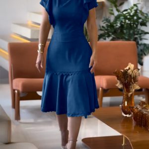 Butterfly Sleeve Hollow-out Back Shirred Work Dress Casual Cinched Waist Lace Trim Ruffle Hem Dress, women Casual Dresses, ChicMe catalog