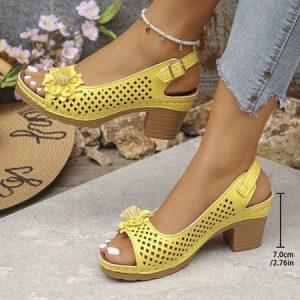 Vintage Plain Adjustable Buckle Block Heel Slide Sandals, Sandals, color:Yellow|size:43, catalog Noracora shop