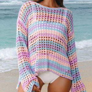 Drop Shoulder Long Sleeve Rainbow Stripe Hollow Out Crochet High Low Hem Top Casual Side Slit Cover Up, women Cover Ups, ChicMe catalog