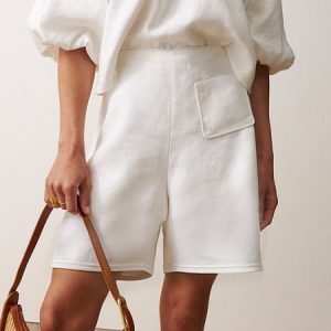 Linen blend Casual Plain Wide Leg Pants Shorts, Shorts, color:Off White|size:XXL, Stylewe