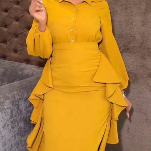 2 Pieces Outfit Long Sleeve Button Front Blouse and Casual Side Ruffles Drawstring Slit Skirt Set, women Two-piece Sets, ChicMe catalog