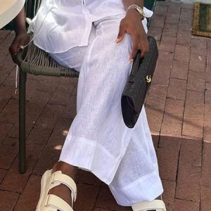 Linen blend Casual Plain Straight Pants, Pants, color:White|size:XXL, Stylewe