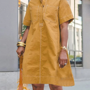Casual Plain Buttoned Mini Dress, Midi Dresses, color:Khaki|size:XXL, Stylewe