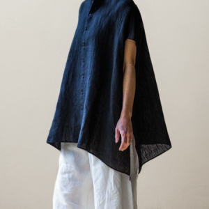 STYLE WE x CHILLINEN | Linen Plain Stand Collar Blouse, Blouses and Shirts, color:Purplish blue|size:XXL, Stylewe