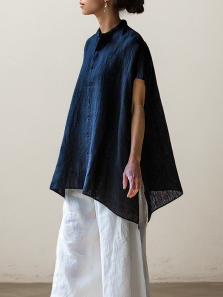 STYLE WE x CHILLINEN | Linen Plain Stand Collar Blouse, Blouses and Shirts, color:Purplish blue|size:XXL, Stylewe