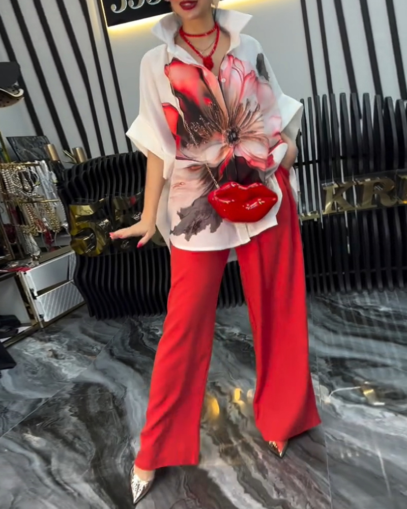 2 Pieces Outfit Floral Print Short Sleeve Blouse and Casual Wide Leg Pants Set, women Two-piece Sets, ChicMe catalog