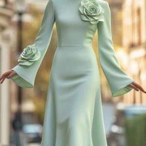 Elegant Bell Sleeve 3D Floral Crew Neck Knee Length Dress, Midi Dresses, color:Green|size:XXL, Stylewe