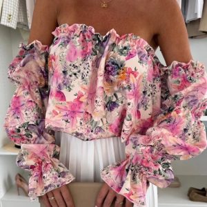 Floral Print Off Shoulder Puff Sleeve Sexy Ruffles Blouse, women Blouses & Shirts, ChicMe catalog