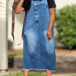 Casual Plain Denim Spaghetti Midi Dress, Midi Dresses, color:Blue|size:XXL, Stylewe