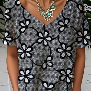 Casual Floral V Neck Short Sleeve T-shirt, T-shirts, color:Black|size:XXL, catalog Noracora shop