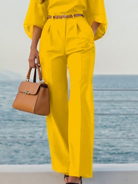 Urban Plain Straight Pants No Belt, Pants, color:Yellow|size:XS, Stylewe