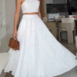 2 Pieces Outfit Sleeveless Hollow-out Back Zipper Side Crop Top and Casual High Waist Elastic Back Waist A Line Skirt Set Casual Lace Hollow Out Pattern Set, women Two-piece Sets, ChicMe catalog