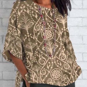 Casual Floral Crew Neck Long Sleeve T-shirt, T-shirts, color:Brown|size:4XL, catalog Noracora shop
