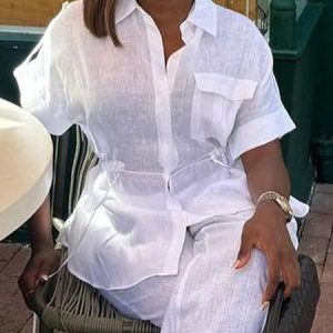 Linen Blend Casual Plain Drawstring Shirt Collar Raglan Sleeves Shirt, Blouses and Shirts, color:White|size:XXL, Stylewe