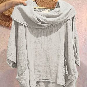 Shawl Collar Half Sleeve Plain Regular Micro-Elasticity Loose Shirt For Women, Shirts, color:Light Gray|size:3XL, catalog Noracora shop