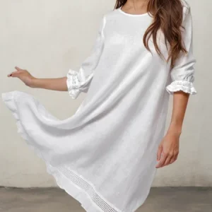 STYLE WE x CHILLINEN |Linen Plain Crew Neck Mini Dress, Midi Dresses, color:White|size:XXL, Stylewe