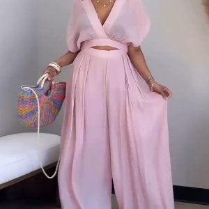 2 Pieces Outfit Turn-down Collar Batwing Sleeve Crop Top and Casual High Waist Wide Leg Pants Set, women Two-piece Sets, ChicMe catalog