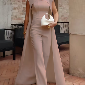 Elegant Tailored Jumpsuit & Cape Set – Wedding & Formal Occasion Outfit, Two-piece Set, color:Khaki|size:XXL, Stylewe