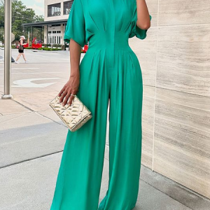 Casual Ruched Plain Shirt Jumpsuit, Jumpsuits, color:As Picture|size:XXL, Stylewe