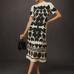 Casual Floral Printing Crew Neck Midi Dress, Midi Dresses, color:Black|size:XXL, Stylewe