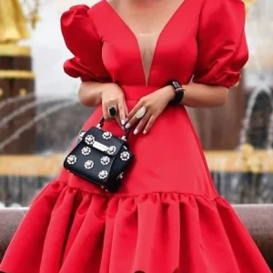 Elegant Plain Ruched V Neck Knee Length Dress, Mini Dresses, color:Red|size:XXL, Stylewe