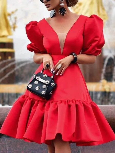 Elegant Plain Ruched V Neck Knee Length Dress, Mini Dresses, color:Red|size:XXL, Stylewe