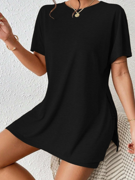 Women Plain Two-Piece Set Daily Half Sleeve Casual Summer Top With Pants Matching Set, JustFashionNow Suit Set, color:Black|size:XXL,