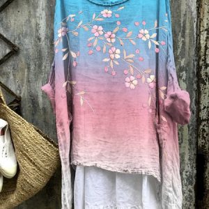 Crew Neck Long Sleeve Floral Regular Micro-Elasticity Regular Fit Shirt For Women, T-shirts, color:Light Blue|size:4XL, catalog Noracora shop