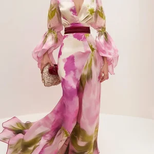 Elegant Ruffle Sleeve Printing V Neck Maxi Dress, Maxi Dresses, color:As Picture|size:XXL, Stylewe
