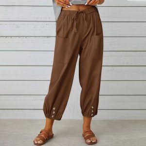 Women Plain Ankle Pants Elastic Waist Pants Casual Spring/Fall Trousers, Pants, color:Brown|size:5XL, catalog Noracora shop