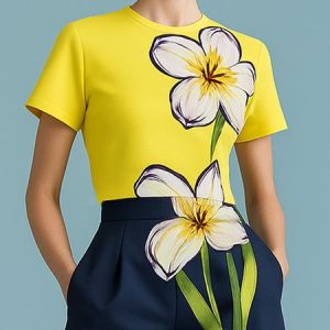 Urban Floral Printing Crew Neck T-shirt, Tees, color:Yellow|size:XXL, Stylewe