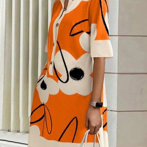 Casual Floral Printing Shirt Collar Mini Dress, Mini Dresses, color:Orange|size:XXL, Stylewe