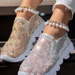 Sequined Mesh Breathable Lightweight Sole Slip-On Casual Flat Sneakers, women Sneakers, ChicMe catalog