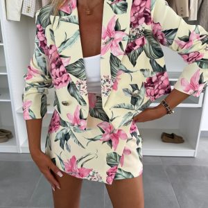 2 Pieces Outfit Notched Collar Double Breasted Crop Blazer and Elastic Back Waist Side Zipper Asymmetrical Hem Skort Set Casual Floral Print Commuting Set, women Two-piece Sets, ChicMe catalog