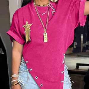 Cotton Casual Plain Chain T-shirt, Tees, color:Pink|size:XXL, Stylewe