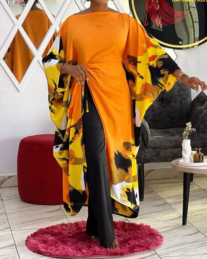 Abstract Print Boat Neck Batwing Sleeve Asymmetrical Slit Dress, women Print Dresses, ChicMe catalog