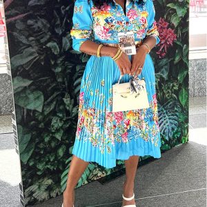 Floral Print Three Quarters Sleeve Shirt Dress Casual A Line Pleated Midi Dress, women Print Dresses, ChicMe catalog