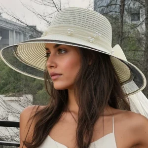 Beach UV protection straw hat mesh pearl sun protection sun hat, Hats, color:Off White|size:One-size, Stylewe