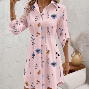 Floral Print Turn-down Collar Long Sleeve Shirt Dress, women Shirt Dresses, ChicMe catalog