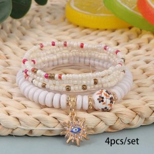 Hot Selling Bohemian Style Multi-layer Rice Bead Bracelet Stacked With Evil Eye Pendant Handmade Adjustable Jewelry, Bracelet, color:Beige|size:One-size, catalog Noracora shop