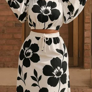 Casual Floral Printing Crew Neck Balloon Sleeve Blouse, Blouses and Shirts, color:Black-white|size:XXL, Stylewe