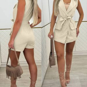 Notched Collar Sleeveless Tied Detail Button Romper, women Rompers, ChicMe catalog