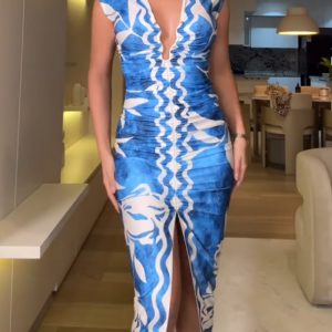 Tropical Print Sexy Plunge Sleeveless Slit Dress, women Print Dresses, ChicMe catalog